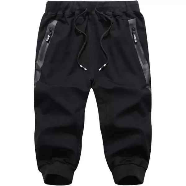 Flygo Men's Cotton Casual Shorts 3/4 Jogger Capri Pants Below Knee Cropped Pants Zipper Pockets