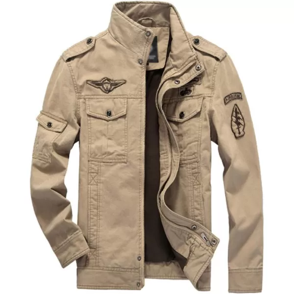 Flygo Men's Cotton Stand Collar Military Jacket Outdoor Windbreaker Coat with Shoulder Straps
