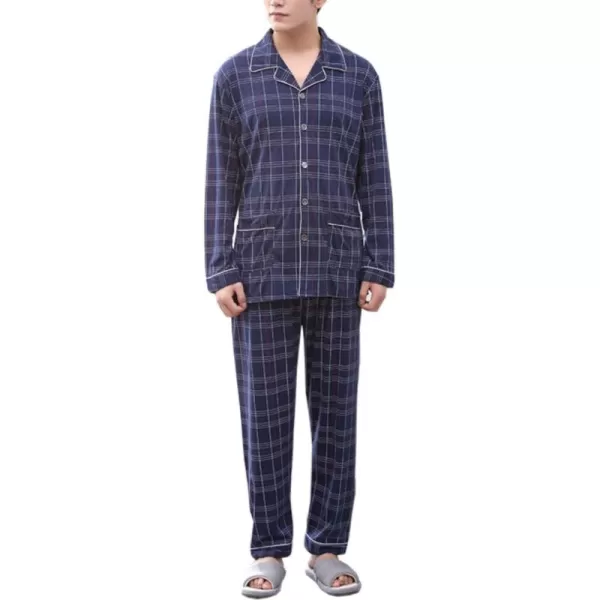 Flygo Mens Cotton Woven Plaid Sleepwear Long Sleeve Button-Down Pajamas Set