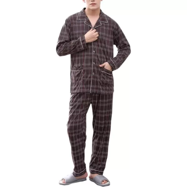 Flygo Mens Cotton Woven Plaid Sleepwear Long Sleeve Button-Down Pajamas Set