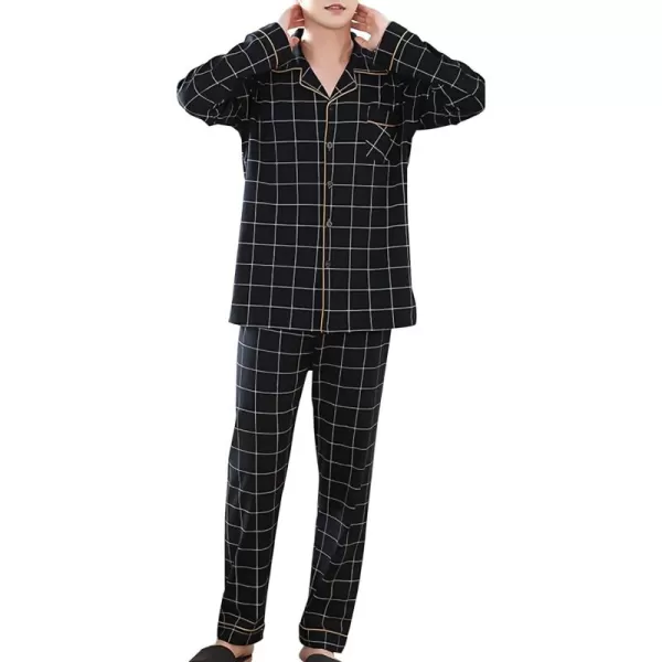 Flygo Mens Cotton Woven Plaid Sleepwear Long Sleeve Button-Down Pajamas Set