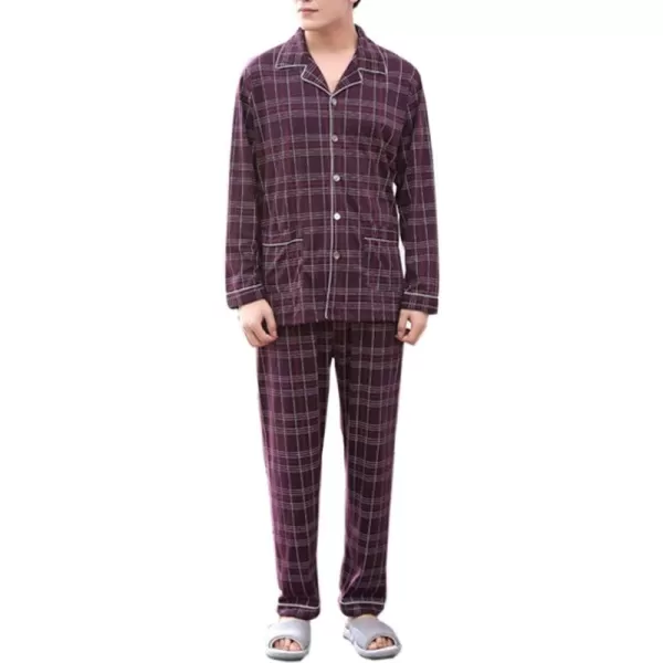 Flygo Mens Cotton Woven Plaid Sleepwear Long Sleeve Button-Down Pajamas Set