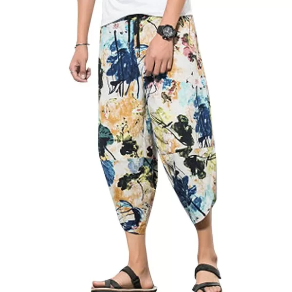 Flygo Men's Ethnic Stylish Drawstring Elastic Waist Loose Fit Baggy Linen Harem Capri Pants
