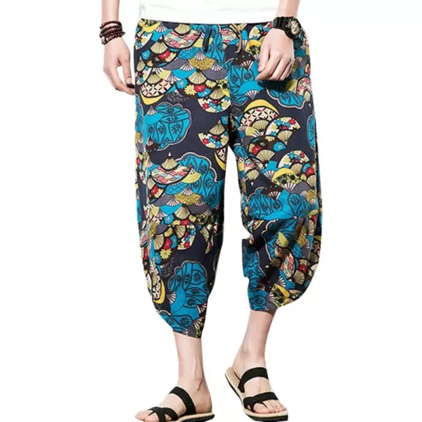 Flygo Men's Ethnic Stylish Drawstring Elastic Waist Loose Fit Baggy Linen Harem Capri Pants