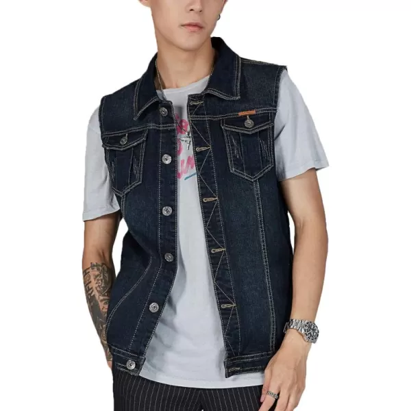 Flygo Men's Lapel Button Down Sleeveless Denim Jean Vest Trucker Jacket Waistcoat 3XL
