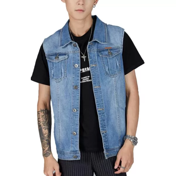 Flygo Men's Lapel Button Down Sleeveless Denim Jean Vest Trucker Jacket Waistcoat 3XL