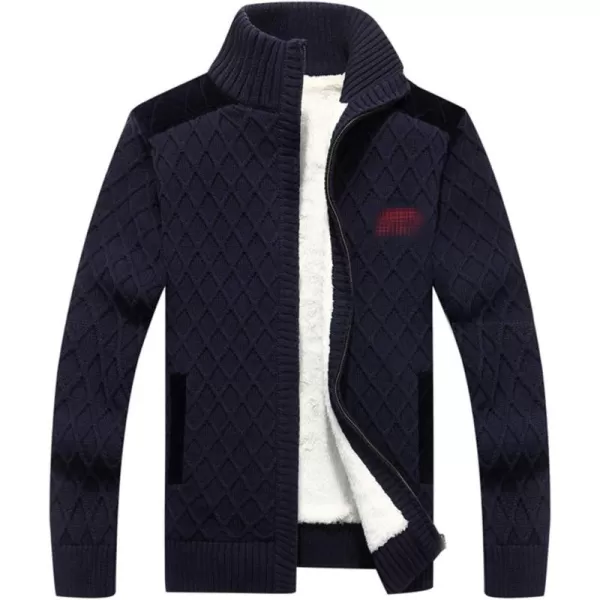 Flygo Mens Slim Full Zip Twisted Thick Fleece Lined Knitted Cardigan Sweater with Pockets