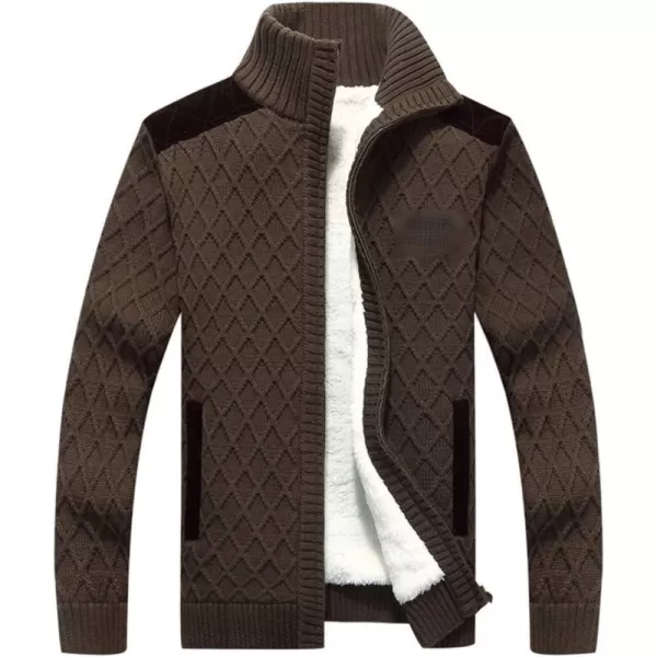 Flygo Mens Slim Full Zip Twisted Thick Fleece Lined Knitted Cardigan Sweater with Pockets