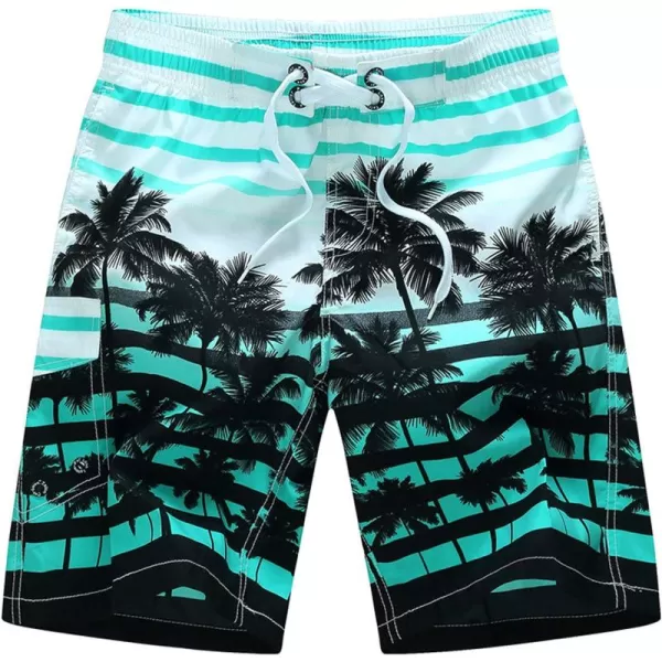 Flygo Mens Summer Swim Trunks Palm Tree Printed Quick Dry Beach Board Shorts with Mesh Lining