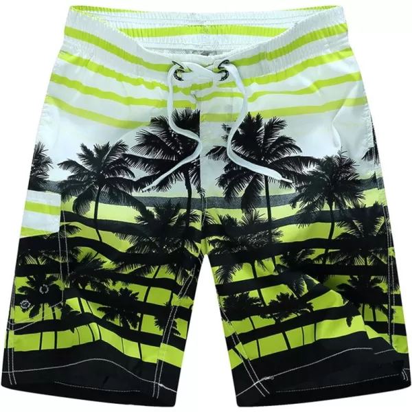 Flygo Mens Summer Swim Trunks Palm Tree Printed Quick Dry Beach Board Shorts with Mesh Lining