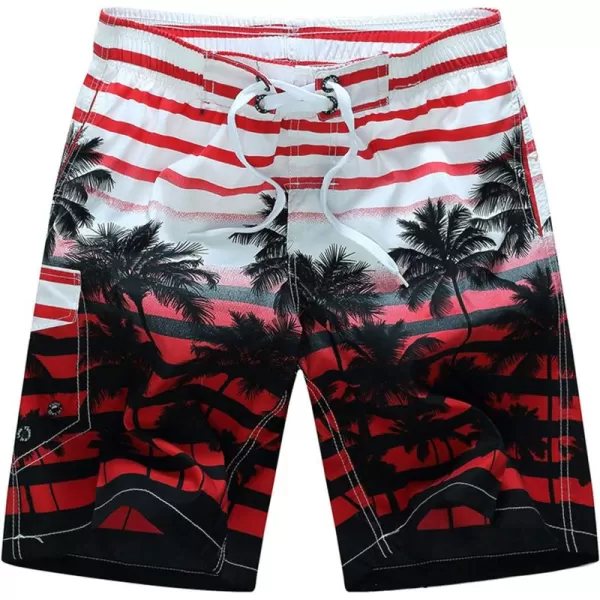 Flygo Mens Summer Swim Trunks Palm Tree Printed Quick Dry Beach Board Shorts with Mesh Lining