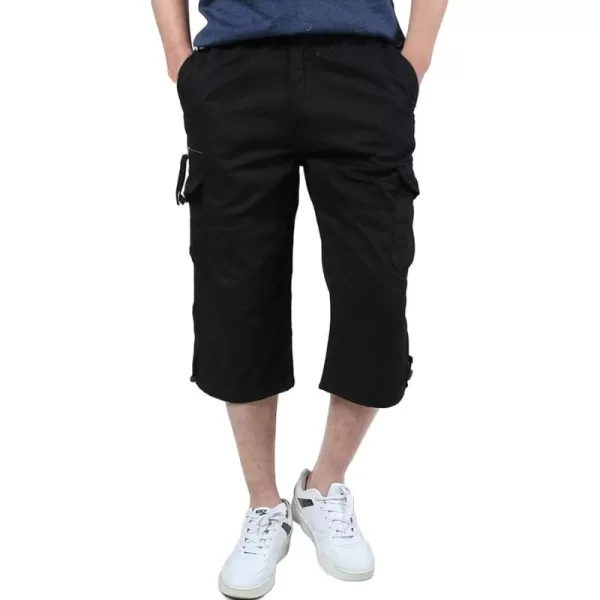 Flygo Men's Twill Elastic Cargo Shorts Below Knee Loose Multi-Pockets Capri Long Shorts