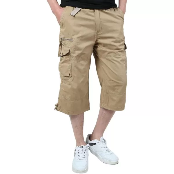 Flygo Men's Twill Elastic Cargo Shorts Below Knee Loose Multi-Pockets Capri Long Shorts