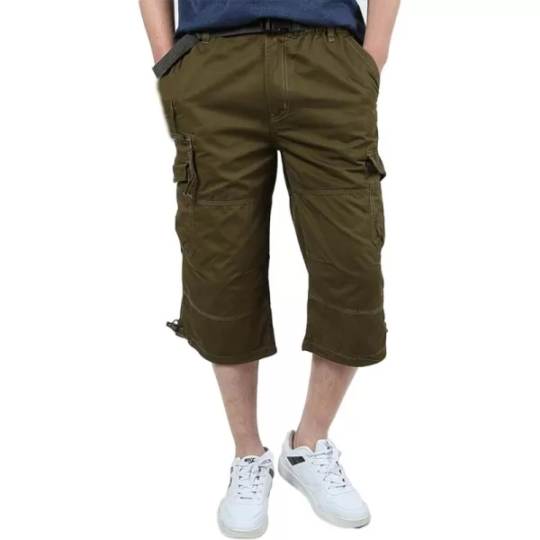 Flygo Men's Twill Elastic Cargo Shorts Below Knee Loose Multi-Pockets Capri Long Shorts