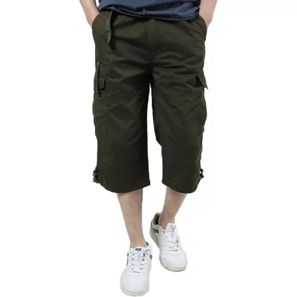 Flygo Men's Twill Elastic Cargo Shorts Below Knee Loose Multi-Pockets Capri Long Shorts