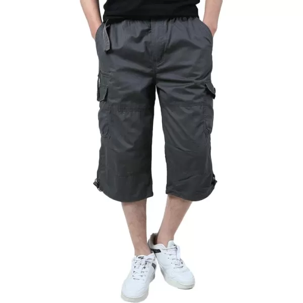 Flygo Men's Twill Elastic Cargo Shorts Below Knee Loose Multi-Pockets Capri Long Shorts