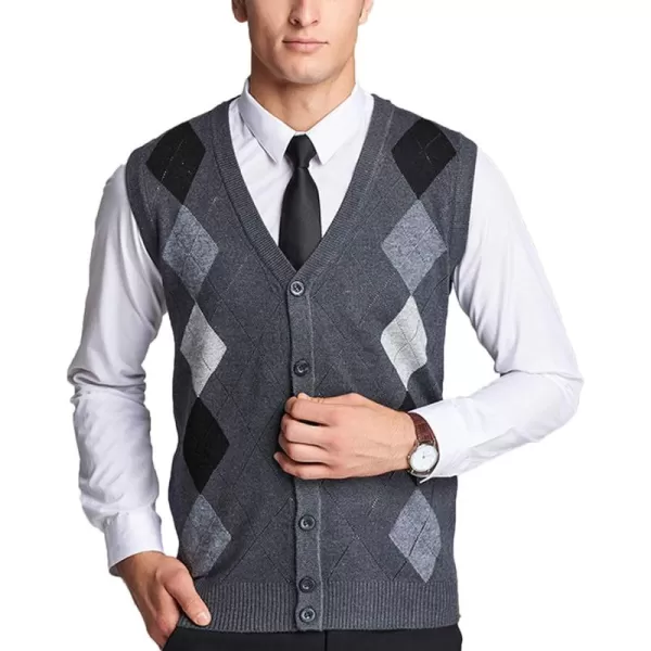 Flygo Mens Wool Button Front Argyle V Neck Sweater Vest