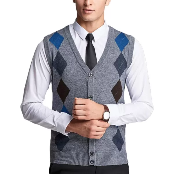 Flygo Mens Wool Button Front Argyle V Neck Sweater Vest