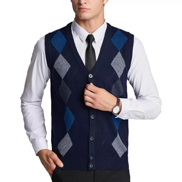 Flygo Mens Wool Button Front Argyle V Neck Sweater Vest