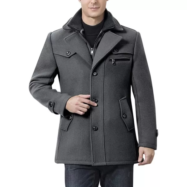 Flygo Men's Wool Pea Coat Layered Collar Quilted Lined Single Breasted Peacoat Jacket
