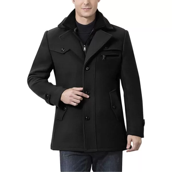 Flygo Men's Wool Pea Coat Layered Collar Quilted Lined Single Breasted Peacoat Jacket