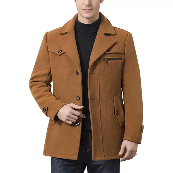 Flygo Men's Wool Pea Coat Layered Collar Quilted Lined Single Breasted Peacoat Jacket