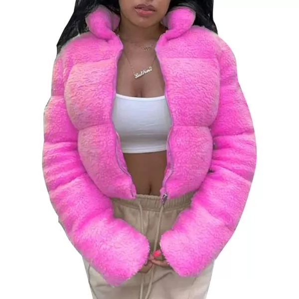 Flygo Shearling Fleece Cropped Puffer Jacket for Women Winter Stand Collar Zip Up Padded Down Coat
