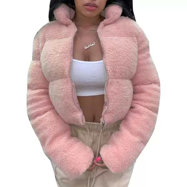 Flygo Shearling Fleece Cropped Puffer Jacket for Women Winter Stand Collar Zip Up Padded Down Coat