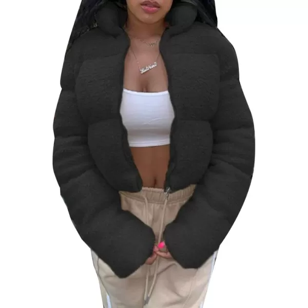 Flygo Shearling Fleece Cropped Puffer Jacket for Women Winter Stand Collar Zip Up Padded Down Coat