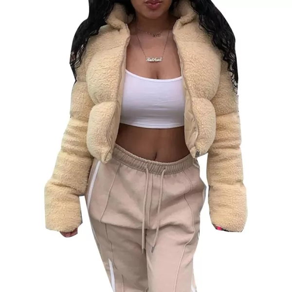 Flygo Shearling Fleece Cropped Puffer Jacket for Women Winter Stand Collar Zip Up Padded Down Coat