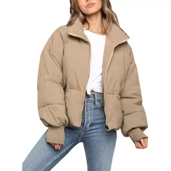 Flygo Women Cropped Puffer Jacket Winter Jackets Lightweight Zip Up Stand Collar Quilted Coats