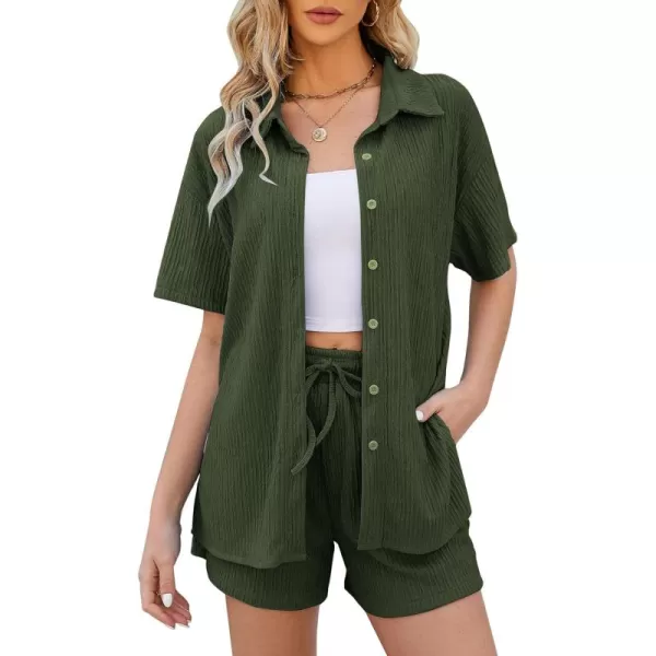 Flygo Womens 2 Piece Casual Outfits Summer Pleated Short Sleeve Top and Set Button Down Shirt Y2K