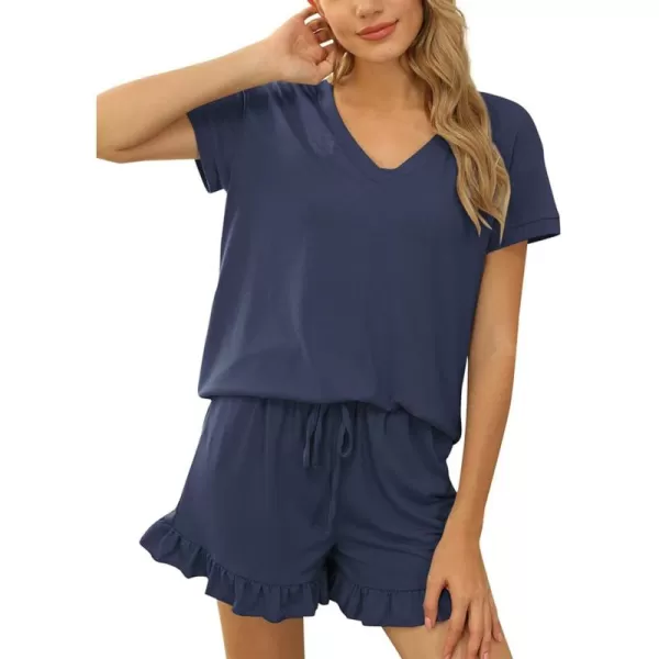 Flygo Women's 2 Piece Pajama Set Short Sleeve Tracksuit Sleepwear Scalloped Edges Drawstring Waist Shorts