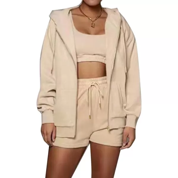 Flygo Womens 3 Piece Lounge Sets Long Sleeve Tracksuits Sexy Hooded Sweatsuit Outfits Shorts Jacket