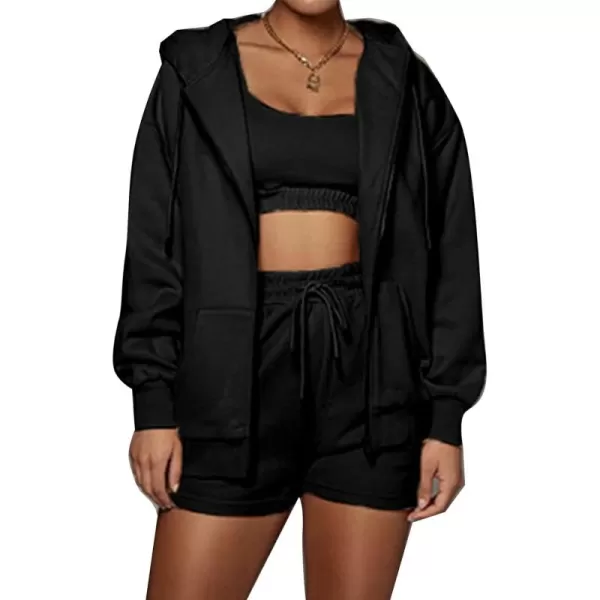 Flygo Womens 3 Piece Lounge Sets Long Sleeve Tracksuits Sexy Hooded Sweatsuit Outfits Shorts Jacket