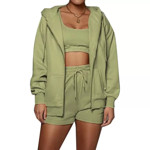 Flygo Womens 3 Piece Lounge Sets Long Sleeve Tracksuits Sexy Hooded Sweatsuit Outfits Shorts Jacket