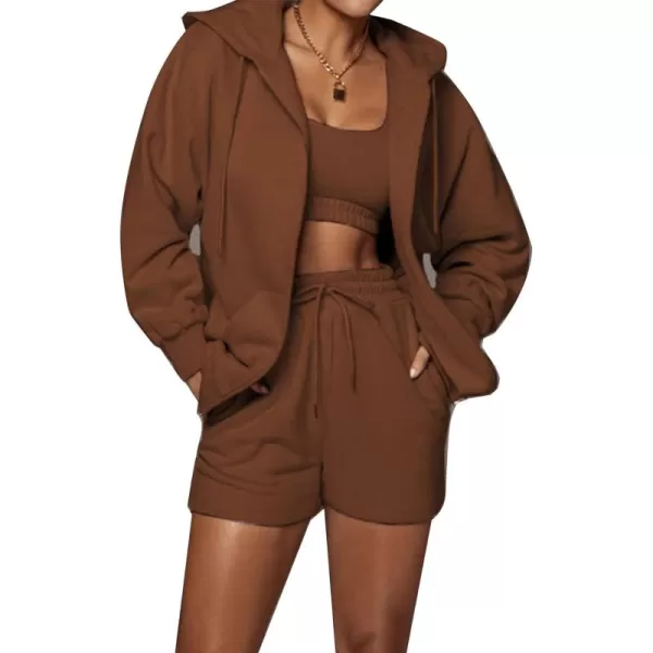 Flygo Womens 3 Piece Lounge Sets Long Sleeve Tracksuits Sexy Hooded Sweatsuit Outfits Shorts Jacket