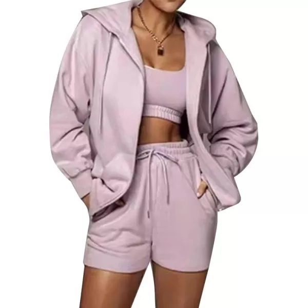 Flygo Womens 3 Piece Lounge Sets Long Sleeve Tracksuits Sexy Hooded Sweatsuit Outfits Shorts Jacket