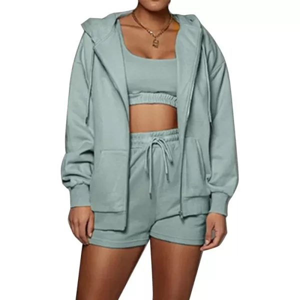 Flygo Womens 3 Piece Lounge Sets Long Sleeve Tracksuits Sexy Hooded Sweatsuit Outfits Shorts Jacket