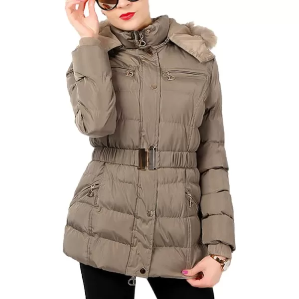 Flygo Women's Belted Puffer Jacket Quilted Zip Up Coat with Faux Fur Hood Trim