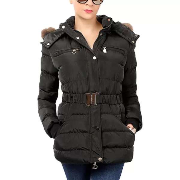 Flygo Women's Belted Puffer Jacket Quilted Zip Up Coat with Faux Fur Hood Trim