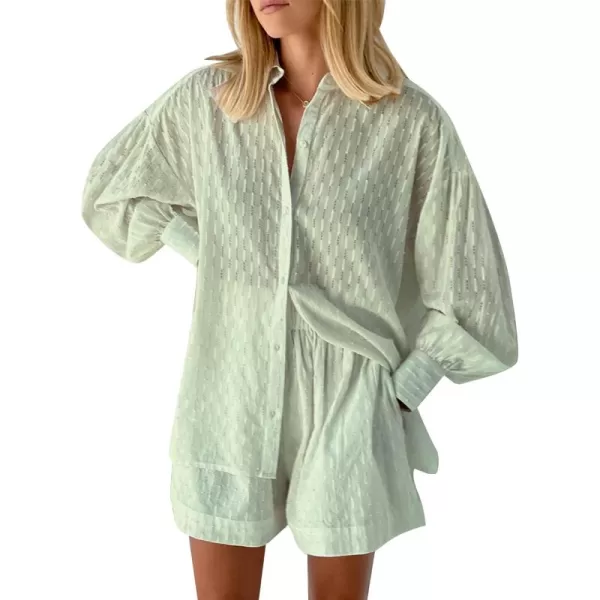 Flygo Womens Casual 2 Piece Outfits Puff Sleeve Button Down Blouse High Waisted Shorts Set