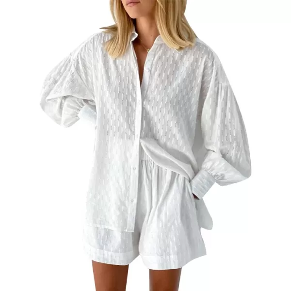 Flygo Womens Casual 2 Piece Outfits Puff Sleeve Button Down Blouse High Waisted Shorts Set
