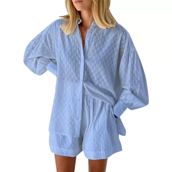 Flygo Womens Casual 2 Piece Outfits Puff Sleeve Button Down Blouse High Waisted Shorts Set