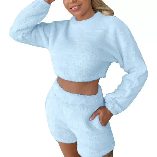 Flygo Womens Cozy Flannel Fleece Pajamas Sets Sherpa Soft Crop Top Shorts Loungewear Sleepwear