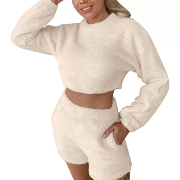 Flygo Womens Cozy Flannel Fleece Pajamas Sets Sherpa Soft Crop Top Shorts Loungewear Sleepwear