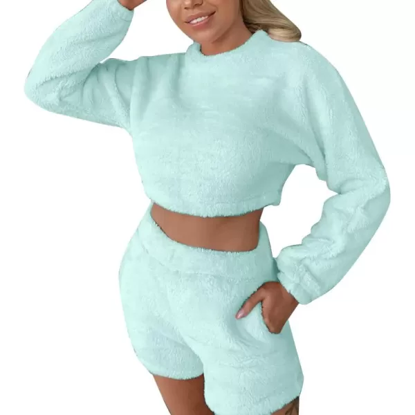 Flygo Womens Cozy Flannel Fleece Pajamas Sets Sherpa Soft Crop Top Shorts Loungewear Sleepwear