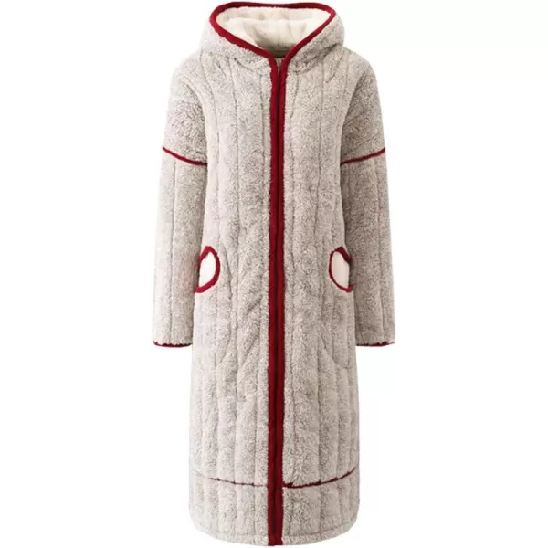 Flygo Women's Cute Winter Thick Hooded Zipper Flannel Bathrobe Mid Long Sleepwear