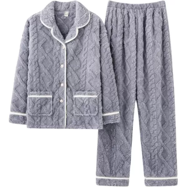 Flygo Women's Fluffy Pajama Sets Fleece Warm Lapel Top and Pant Sleepwear Loungewear