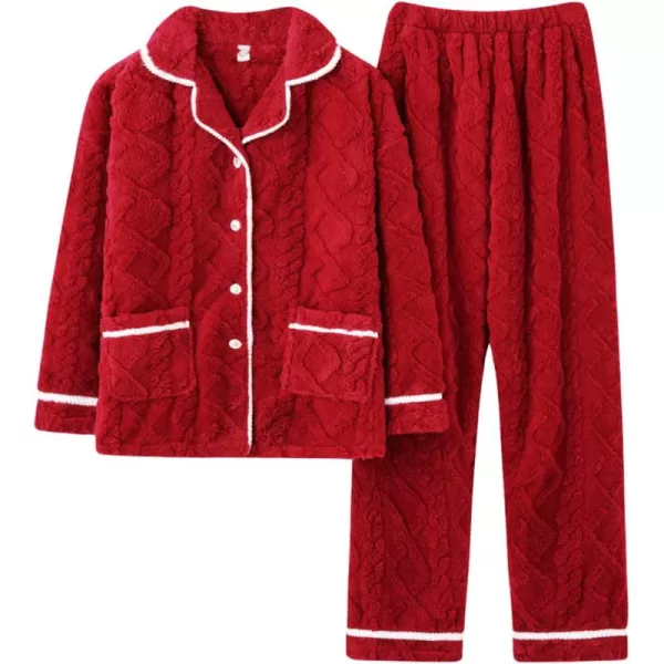 Flygo Women's Fluffy Pajama Sets Fleece Warm Lapel Top and Pant Sleepwear Loungewear